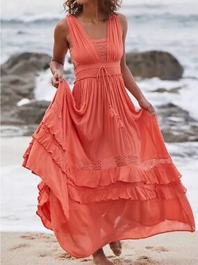 FREE PEOPLE Santa Maria Maxi Dress In Coral Size Small